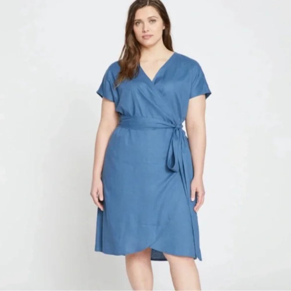 Universal Standard Size 00-0 Bleu Soclaire Tulip Hem Linen Wrap Dress